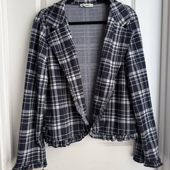 Grace Karin Jackets & Blazers - Grace Karin Blue & White Plaid Ruffle Edge Open Front Jacket, Sz XXL